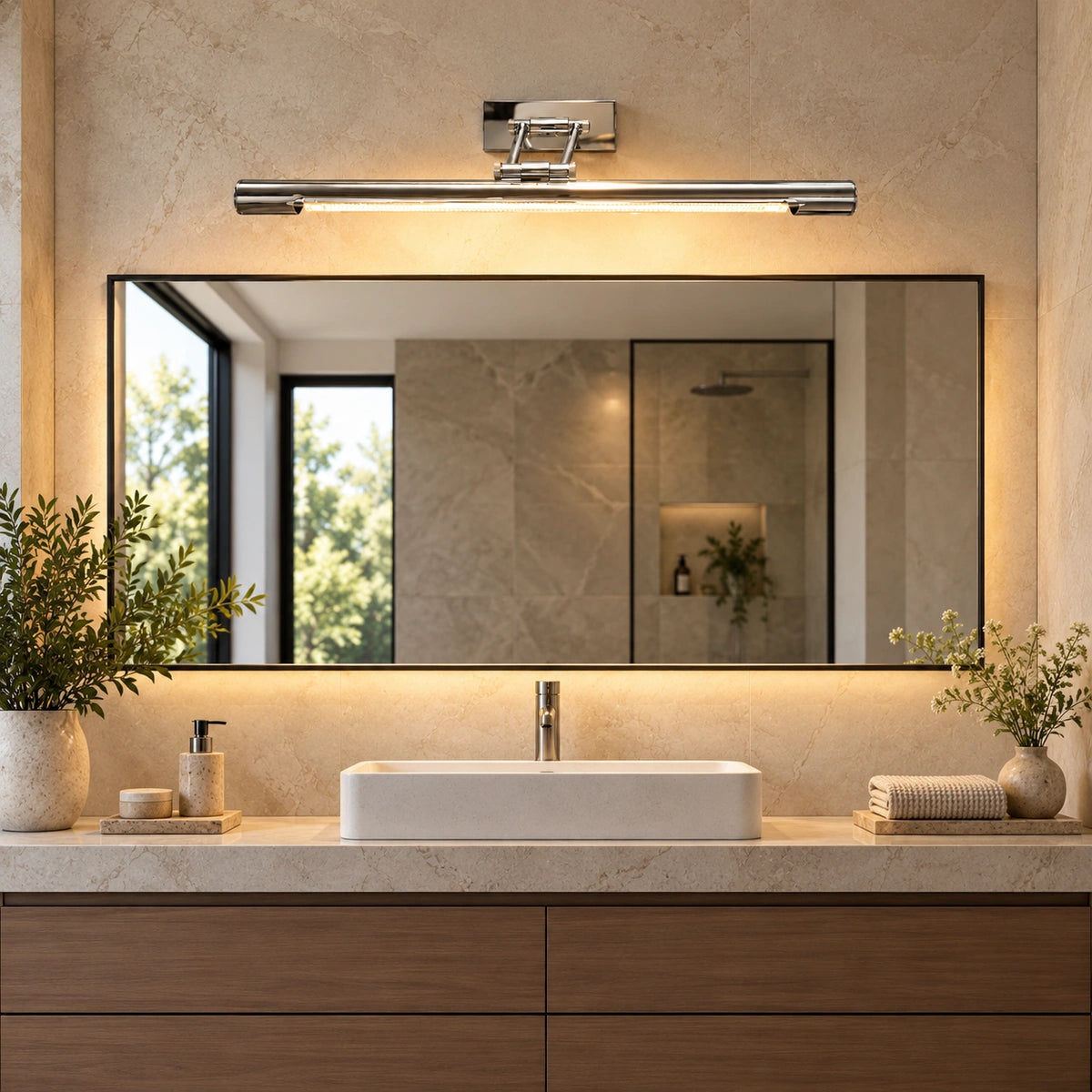 Linear chrome mirror light above a complete vanity