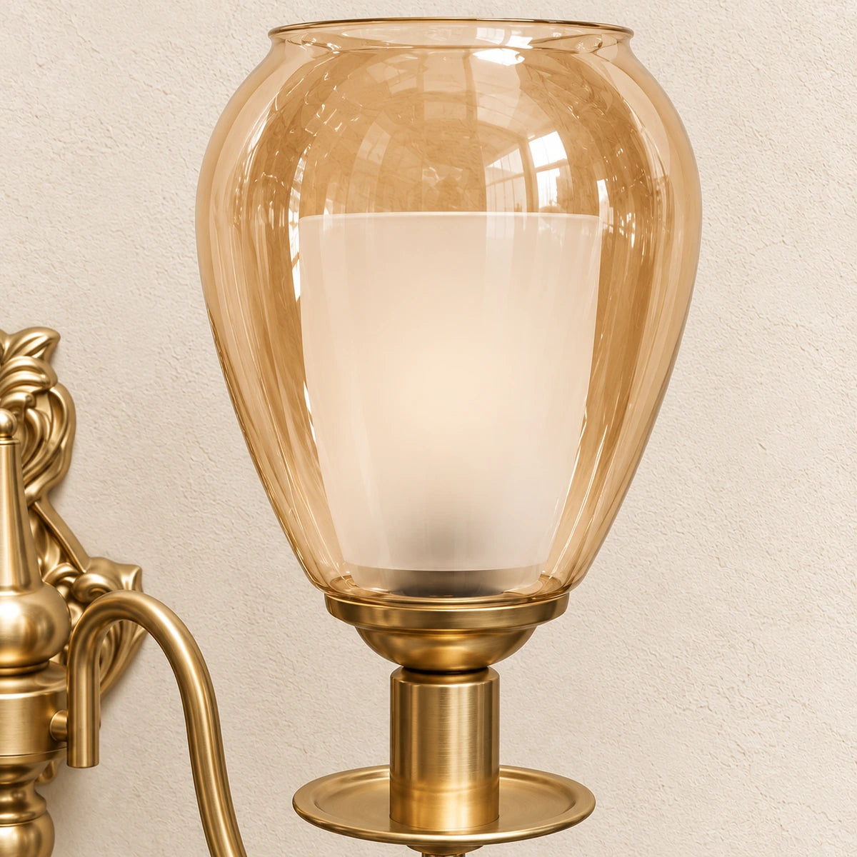 Bliss & Birch Twin Amber Tulip-Shade Wall Sconce - Detail of amber outer glass and frosted inner glass - styled from supplied real product photo