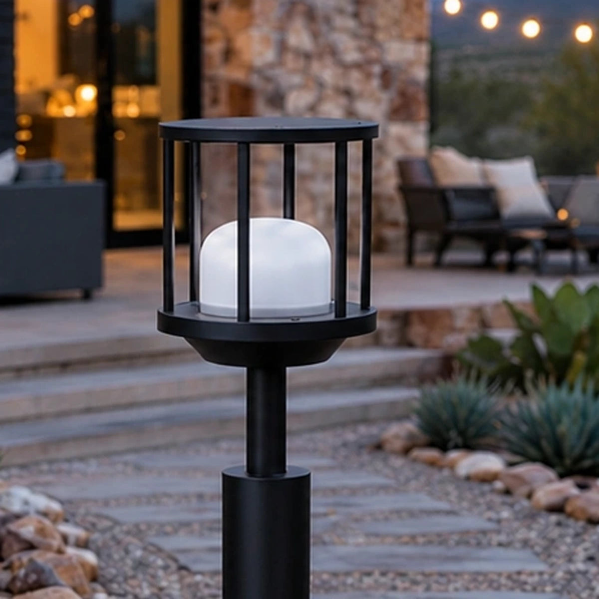 Close-up of the six-bar lantern cage and frosted half-dome diffuser