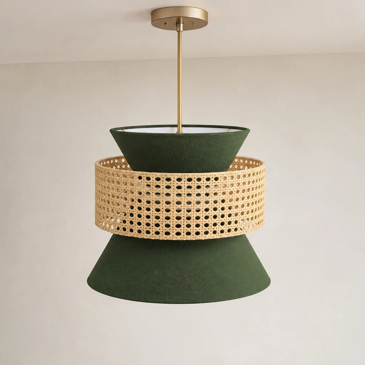 Forest-green cane hourglass pendant unlit beside a garden path