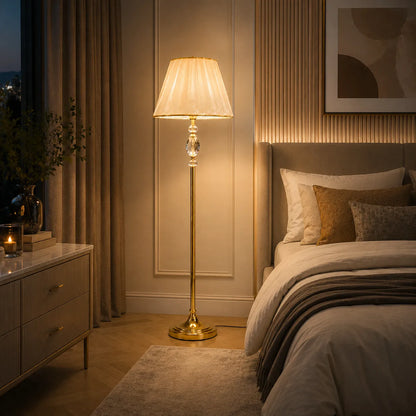 Crystal Ellipse Floor Lamp – Faceted Crystal Body with Antique Gold Brass Pole & Organza Pleated Shade
