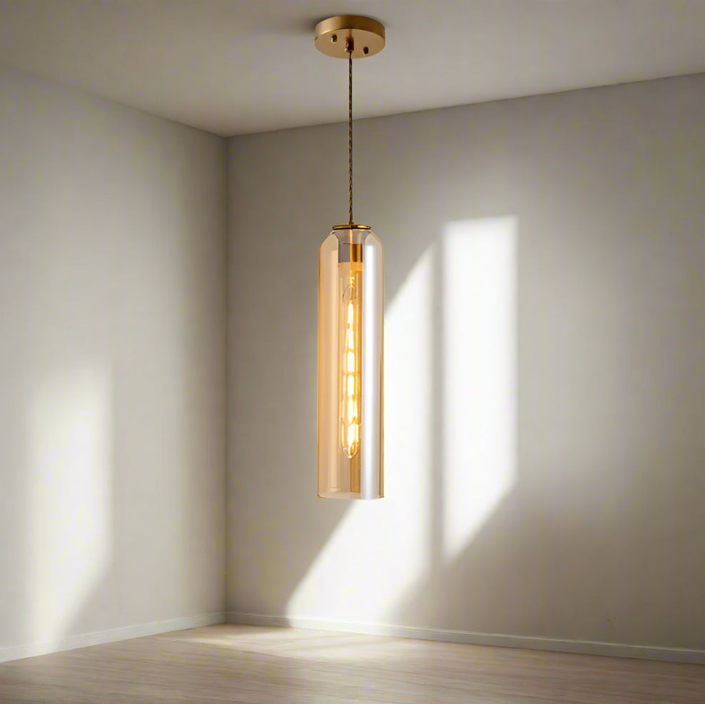 B&B Transparent Amber Glass with Gold Suspension Cylinder Pendant Light