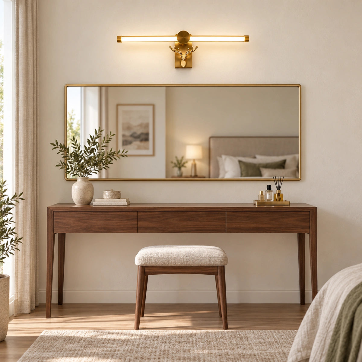 Gold 1091 deer-mount light above a dressing mirror — illustrative wider-room scene; not a measured installation