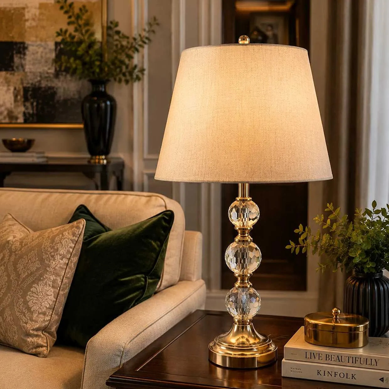 Lumière Crystal Globe Table Lamp – Antique Brass Finish with Linen Shade - Bliss and Birch