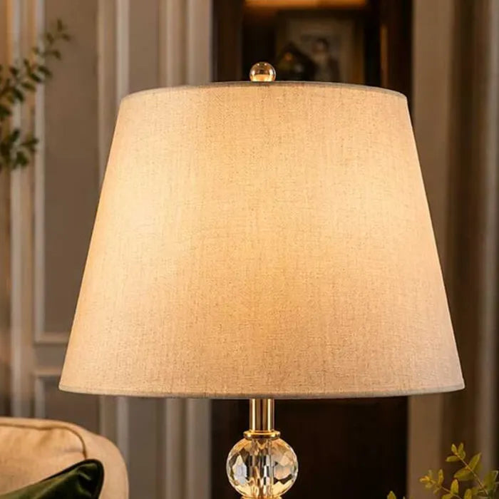 Lumière Crystal Globe Table Lamp – Antique Brass Finish with Linen Shade - Bliss and Birch