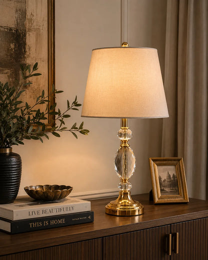 Crystal Globe Table Lamp – Stacked Faceted Crystal with Antique Brass Base & Linen Shade - Bliss and Birch