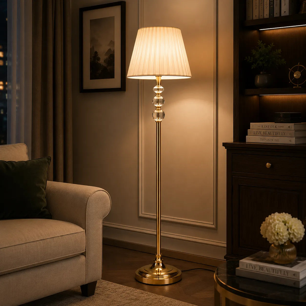 Crystal Globe Floor Lamp – Stacked Faceted Crystal with Antique Brass Pole & Pleated Linen Shade