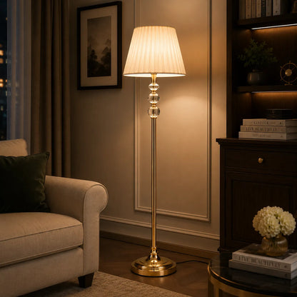 Crystal Globe Floor Lamp – Stacked Faceted Crystal with Antique Brass Pole & Pleated Linen Shade