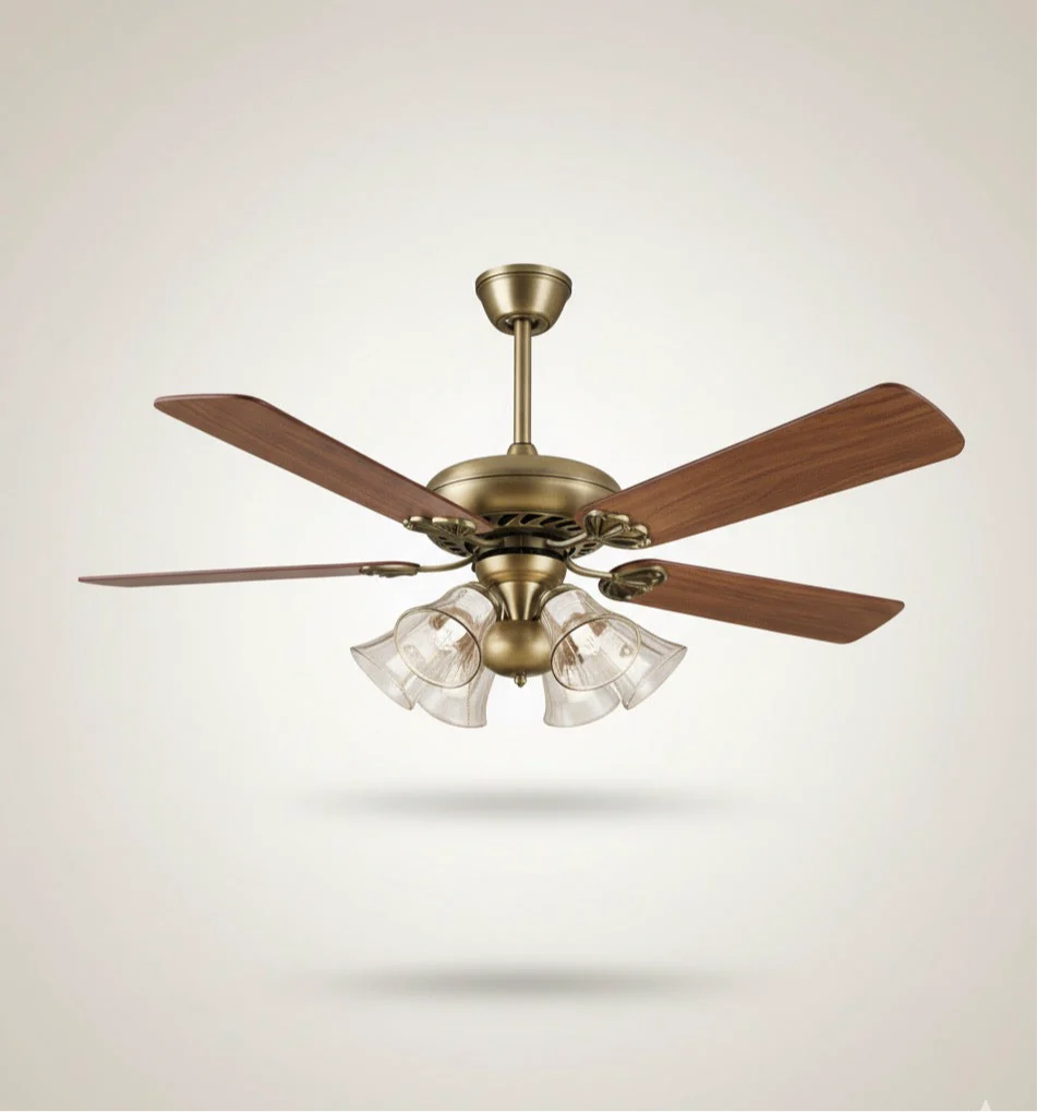 Vintage 5‑Blade Ceiling Fan with Glass Lamps – Antique Brass Charm
