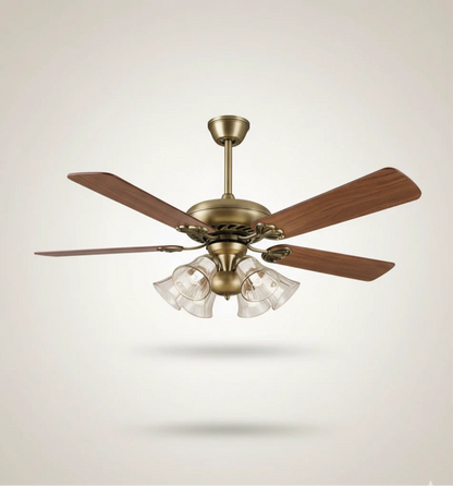 Vintage 5‑Blade Ceiling Fan with Glass Lamps – Antique Brass Charm