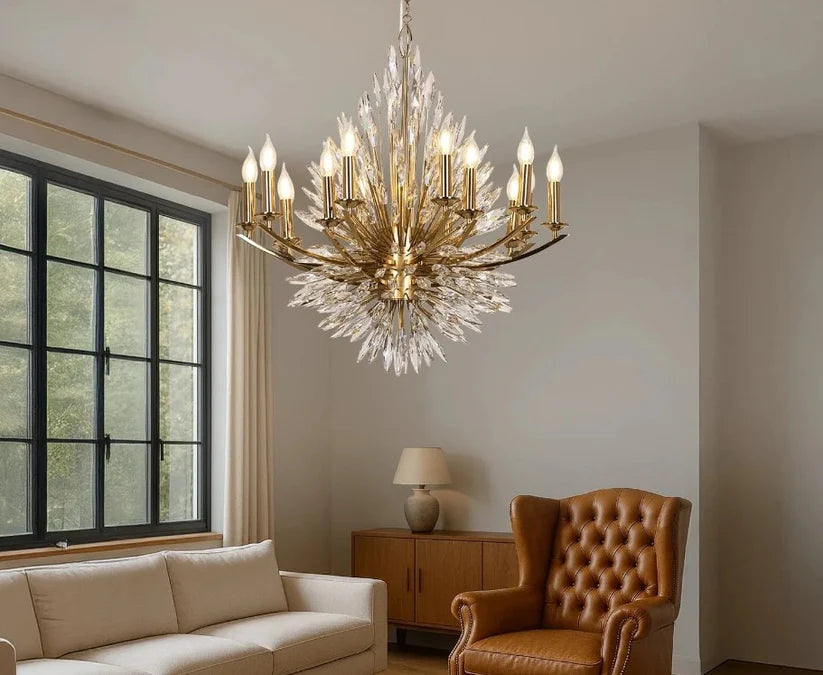 Crystal Flame Luxury Chandelier – Gold Frame & Sparkling Spikes