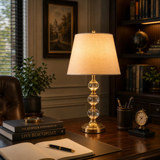 Lumière Crystal Globe Table Lamp – Antique Brass Finish with Linen Shade