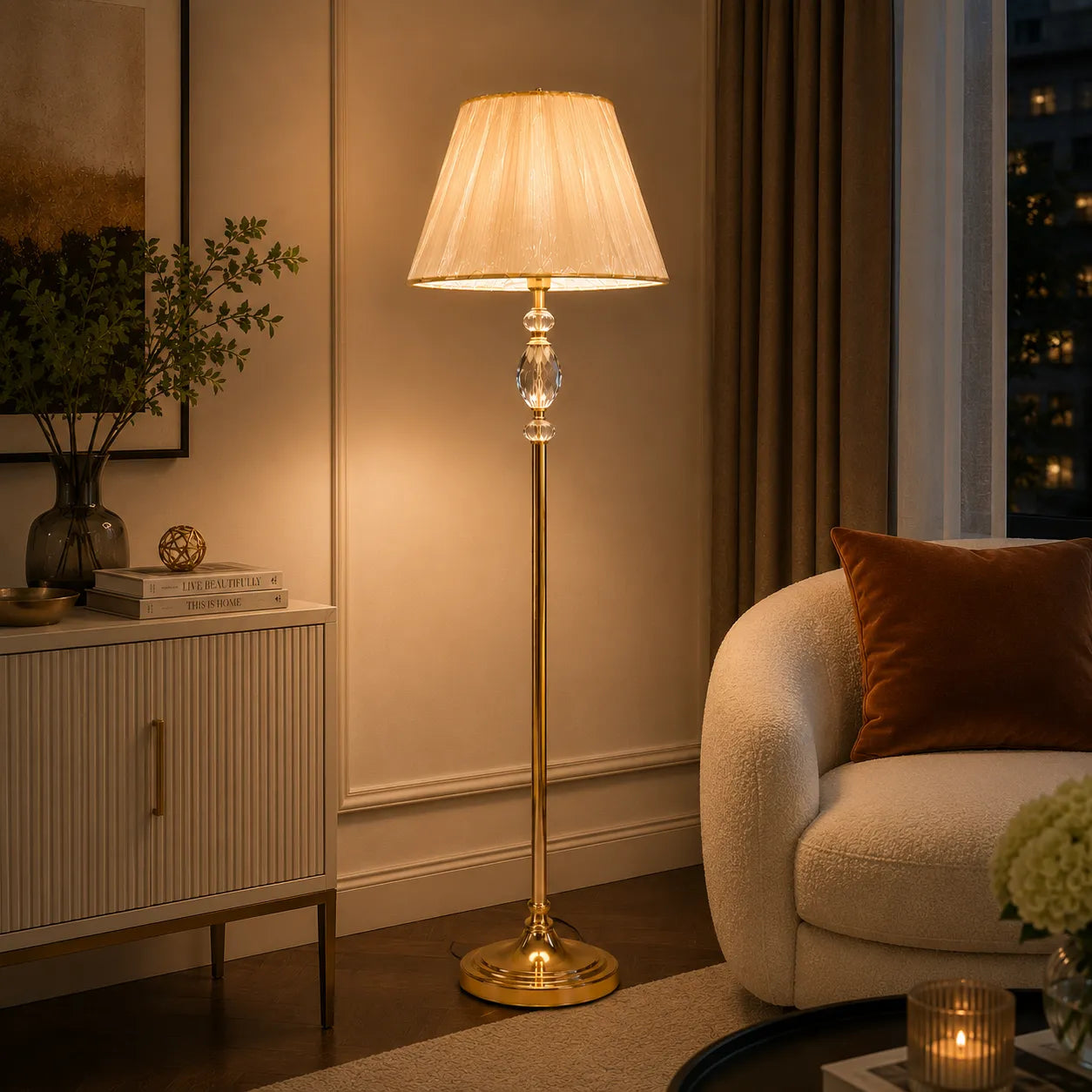 Crystal Ellipse Floor Lamp – Faceted Crystal Body with Antique Gold Brass Pole & Organza Pleated Shade