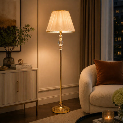 Crystal Ellipse Floor Lamp – Faceted Crystal Body with Antique Gold Brass Pole & Organza Pleated Shade