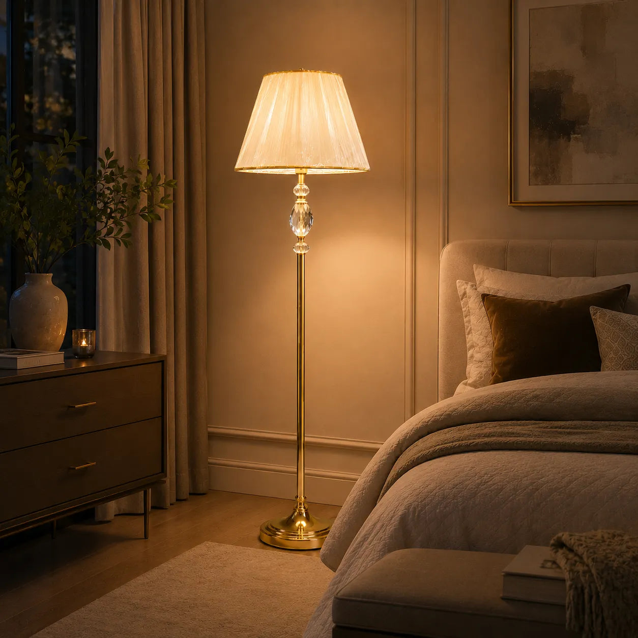 Crystal Ellipse Floor Lamp – Faceted Crystal Body with Antique Gold Brass Pole & Organza Pleated Shade