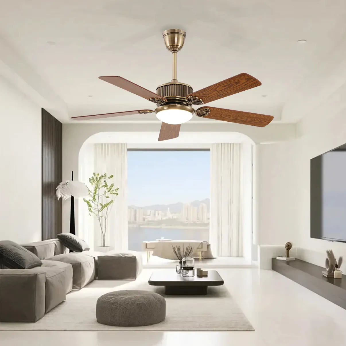 Vintage Brass 52‑Inch Ceiling Fan – Wooden Blades & LED Light