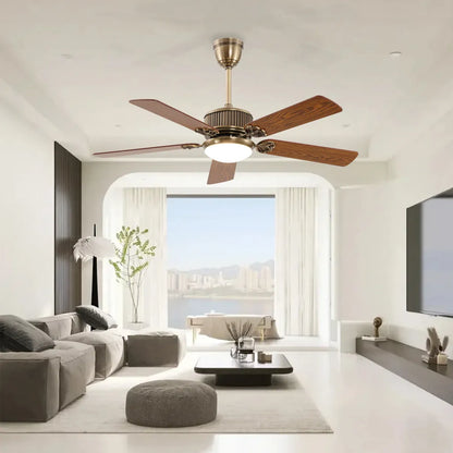 Vintage Brass 52‑Inch Ceiling Fan – Wooden Blades & LED Light