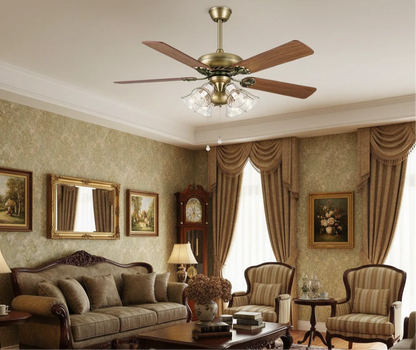Vintage 5‑Blade Ceiling Fan with Glass Lamps – Antique Brass Charm