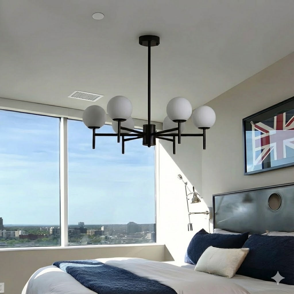 Modern Globe Bubble Chandelier – Black Frame & Glass Spheres