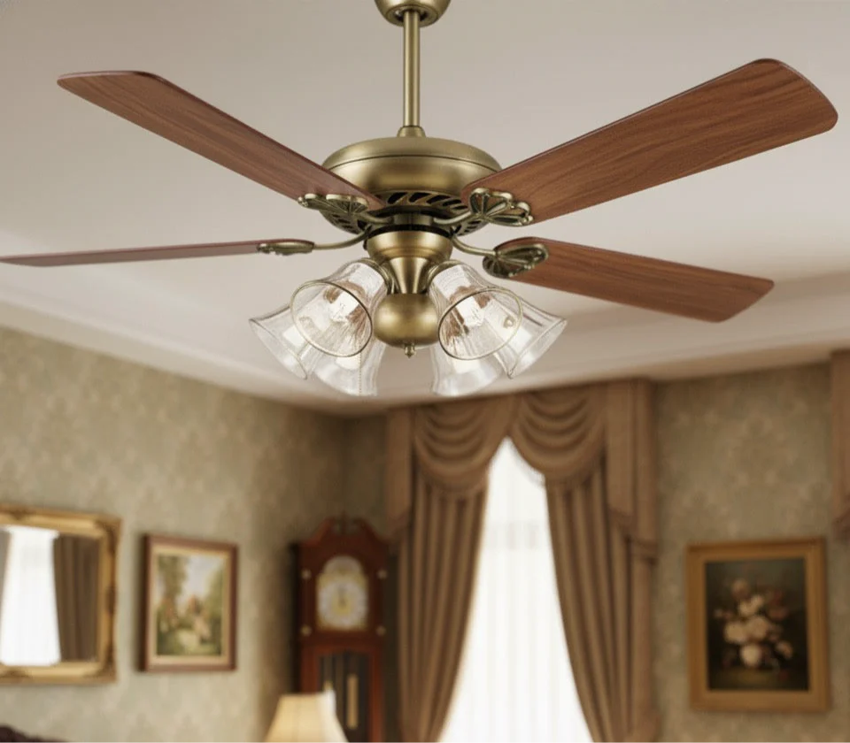 Vintage 5‑Blade Ceiling Fan with Glass Lamps – Antique Brass Charm