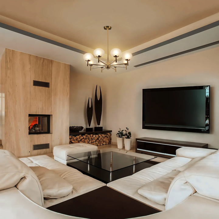 Eight-globe gold-toned chandelier in a modern living room