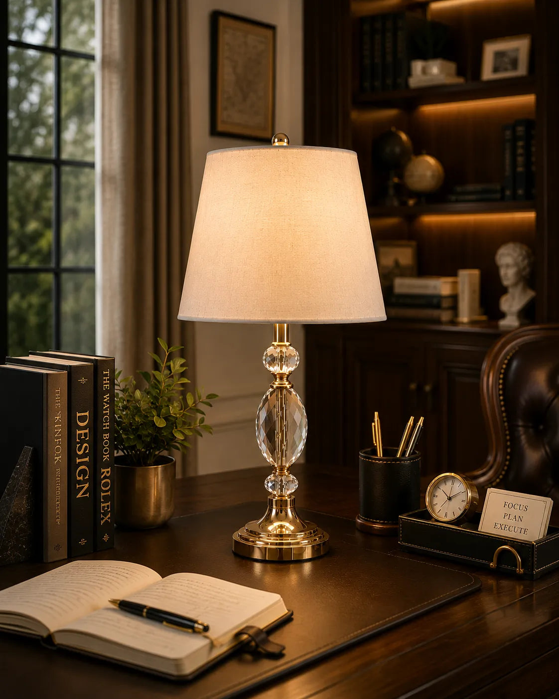 Crystal Globe Table Lamp – Stacked Faceted Crystal with Antique Brass Base & Linen Shade - Bliss and Birch