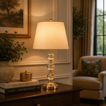 Lumière Crystal Globe Table Lamp – Antique Brass Finish with Linen Shade - Bliss and Birch