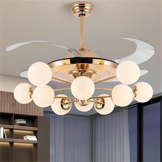 Golden Globe Luxury LED Fan – 8 Frosted Globes & Remote Control