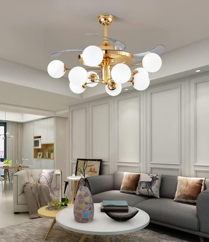 Golden Globe Luxury LED Fan – 8 Frosted Globes & Remote Control