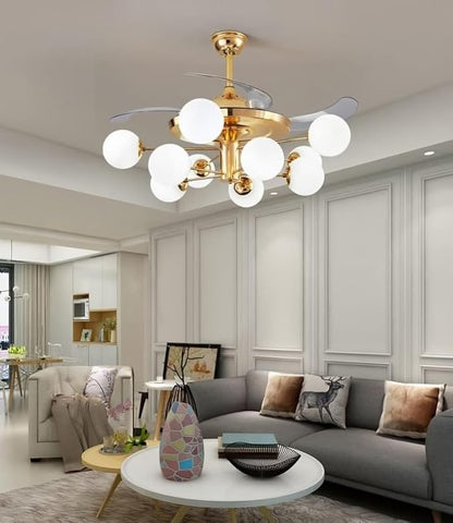 Golden Globe Luxury LED Fan – 8 Frosted Globes & Remote Control