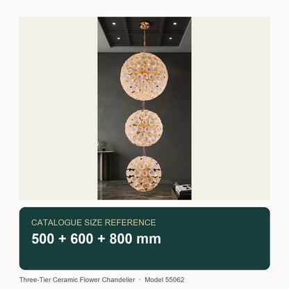 Three-Tier Ceramic Flower Chandelier catalogue size 500 + 600 + 800 mm; model 55062