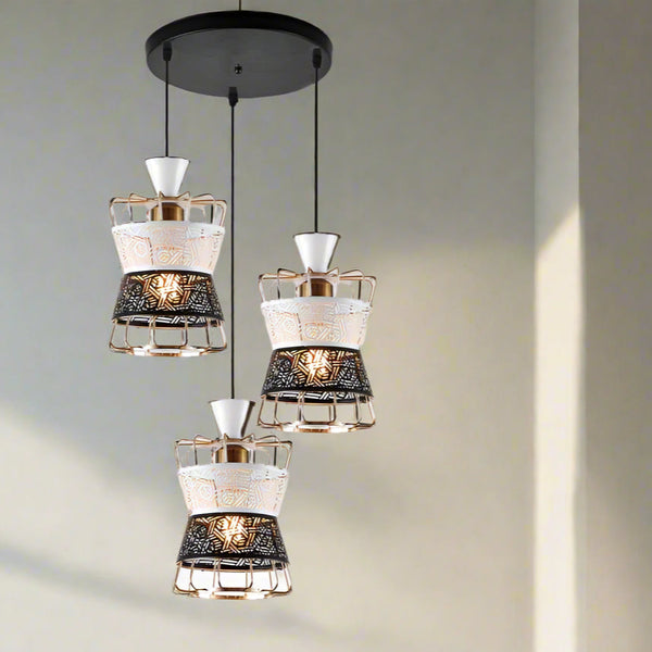 B&B Dual-Tone Carved Metal Triple Pendant Light – White & Black