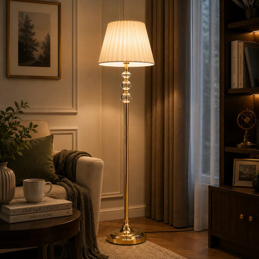 Crystal Globe Floor Lamp – Stacked Faceted Crystal with Antique Brass Pole & Pleated Linen Shade