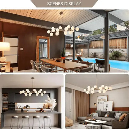 Room placement examples for the linear globe chandelier