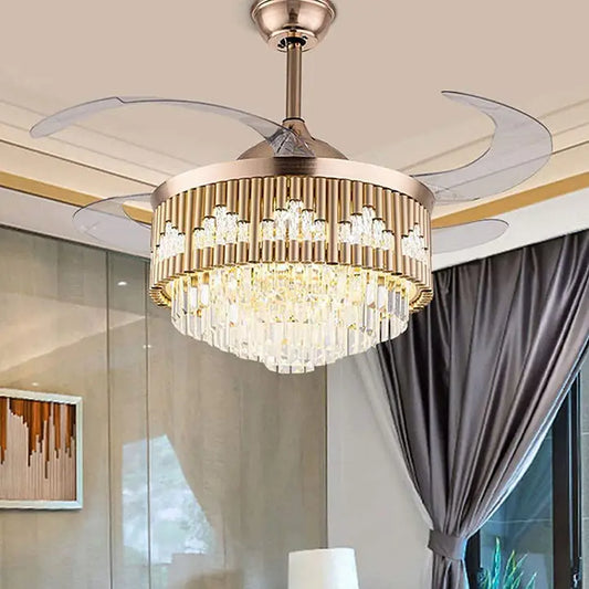 Vertical-rod retractable-blade crystal fan chandelier close room view