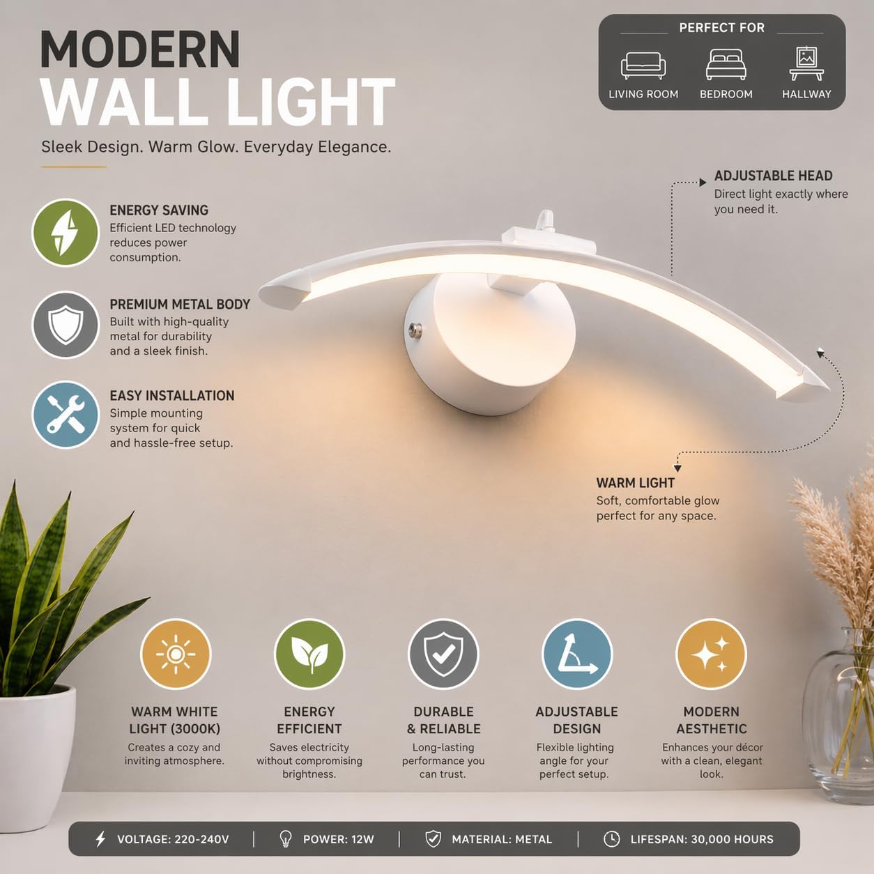 B&B Contemporary Curved LED Wall Light - Bliss and Birch