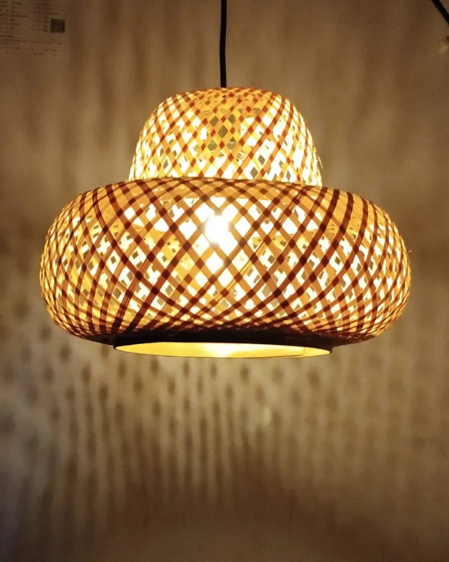 B&B Handwoven Cane Double Dome Pendant Lamp