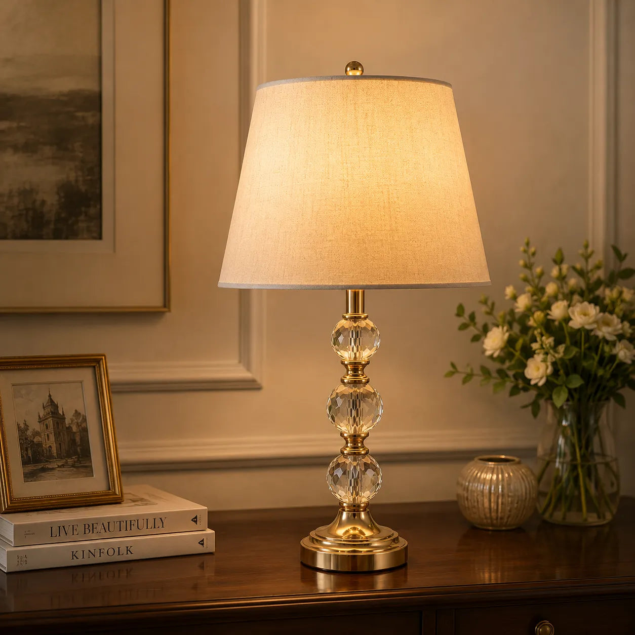 Lumière Crystal Globe Table Lamp – Antique Brass Finish with Linen Shade - Bliss and Birch