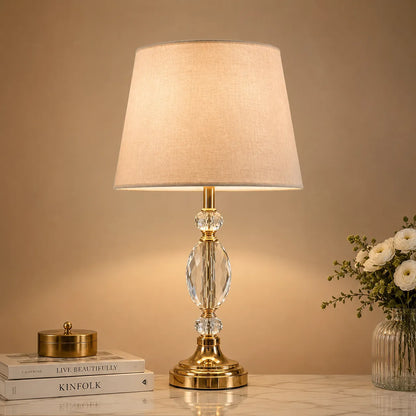 Crystal Globe Table Lamp – Stacked Faceted Crystal with Antique Brass Base & Linen Shade - Bliss and Birch