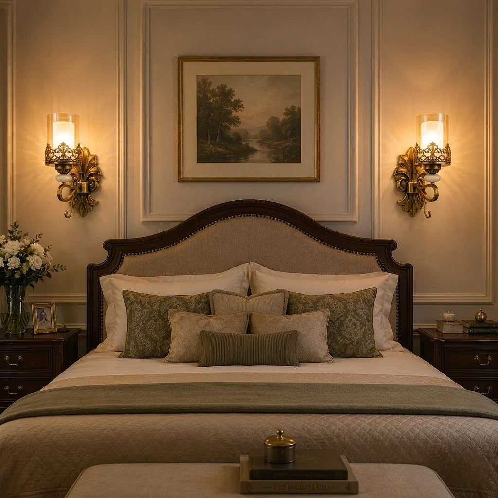 Pair of Antique Fleur glass wall sconces in a bedroom