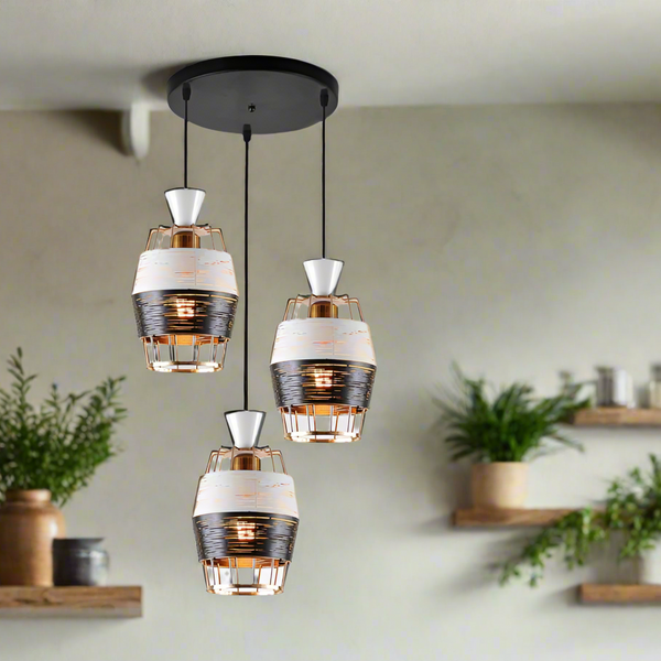 B&B Textured Dual-Layer Triple Pendant Light – White & Black Stripes