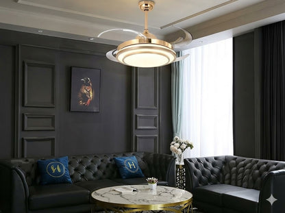 Celestia Breeze Golden LED Fan – Retractable Blades & Dimmable Light