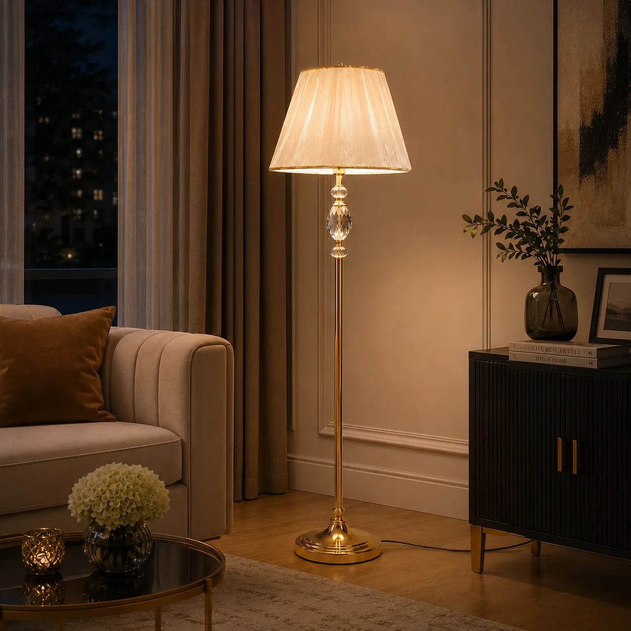 Crystal Ellipse Floor Lamp – Faceted Crystal Body with Antique Gold Brass Pole & Organza Pleated Shade