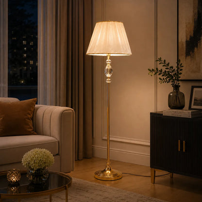 Crystal Ellipse Floor Lamp – Faceted Crystal Body with Antique Gold Brass Pole & Organza Pleated Shade