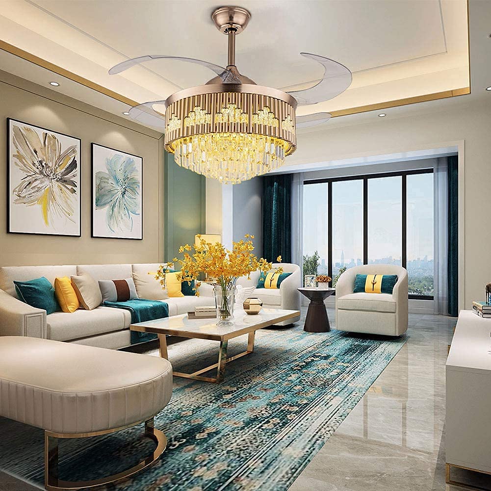 Crystal Elegance Retractable Fan – Glass Chandelier & LED Lighting