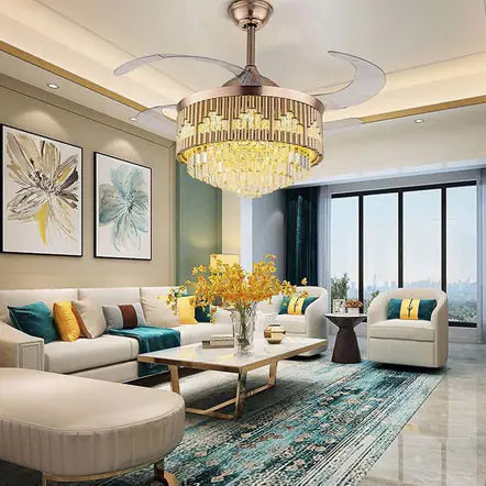 Crystal Elegance Retractable Fan – Glass Chandelier & LED Lighting