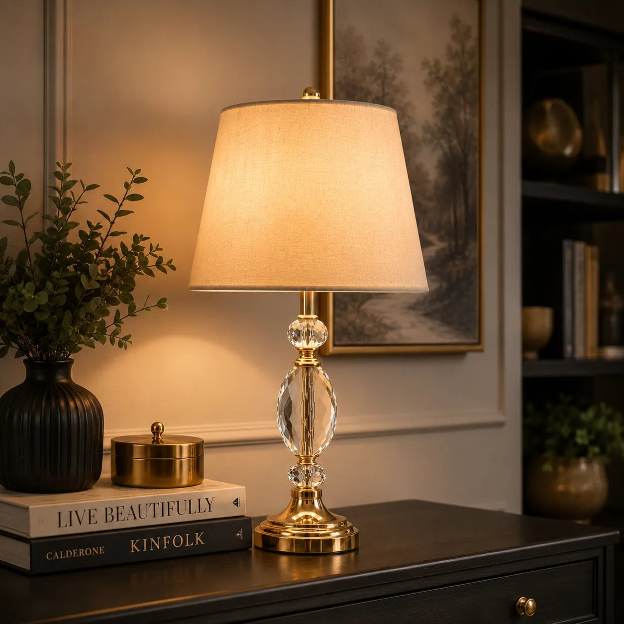 Crystal Globe Table Lamp – Stacked Faceted Crystal with Antique Brass Base & Linen Shade - Bliss and Birch