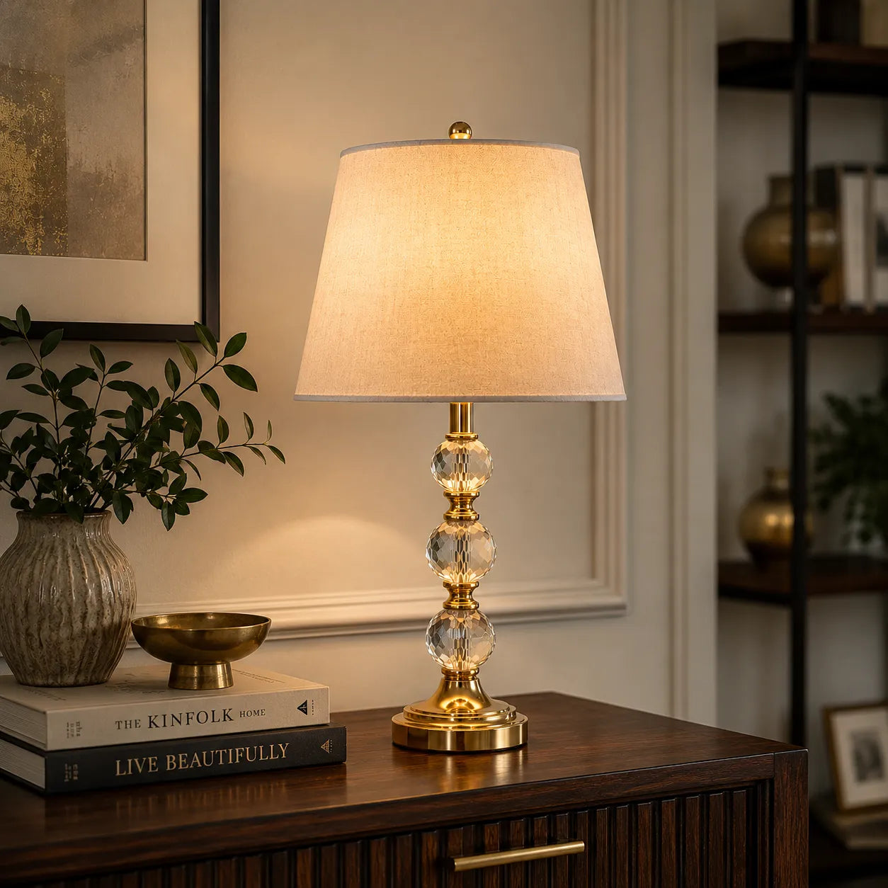 Lumière Crystal Globe Table Lamp – Antique Brass Finish with Linen Shade - Bliss and Birch