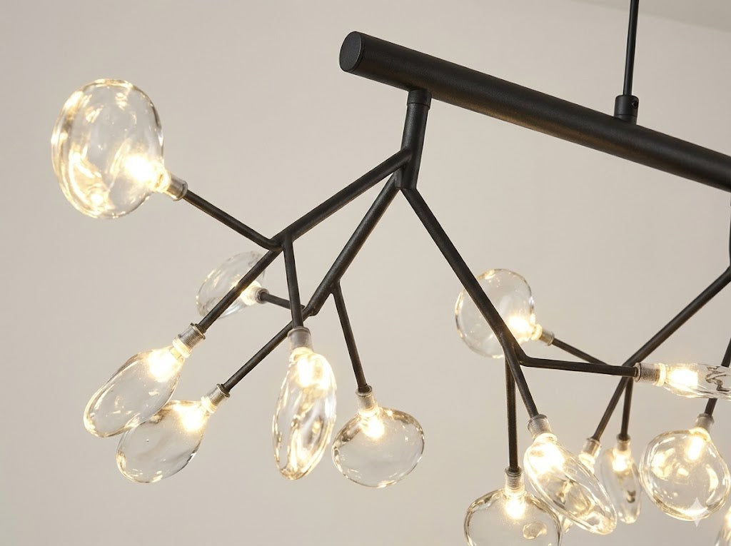Nova Branching Linear Chandelier – Matte Black & Frosted Globes