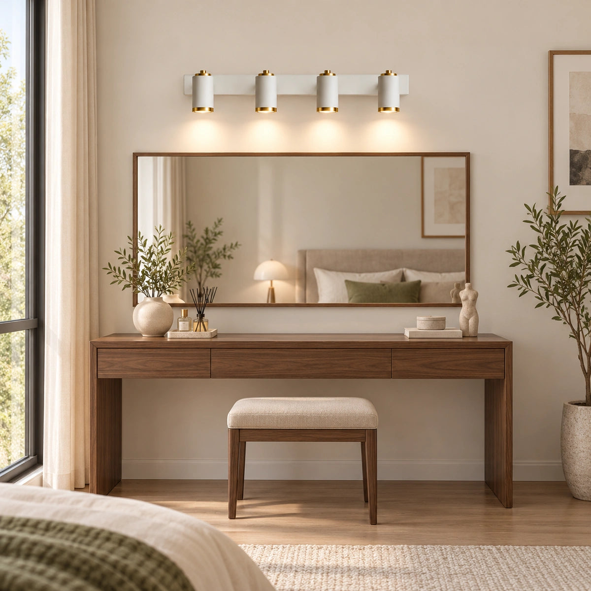 White-and-gold 8142 four-head light above a dressing mirror — illustrative wider-room scene, not a measured installation